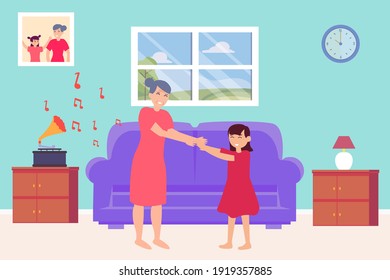 Quality time vector concept: Little girl and her grandmother dancing together while enjoying quality time
