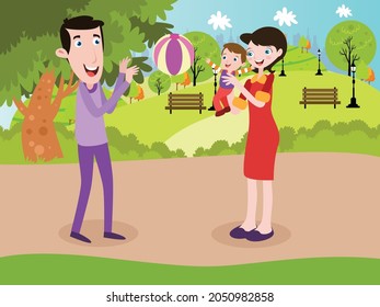 Quality time vector concept: Little son and parents playing together in the park while enjoying quality time 