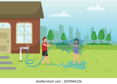 Quality time vector concept: Two little children playing with water hose in the backyard while enjoying leisure time 