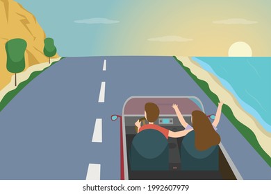 Quality time vector concept: Young couple enjoying sunset while driving the car together 