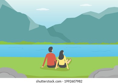Quality time vector concept: Young couple enjoying quality time together while sitting near the lake