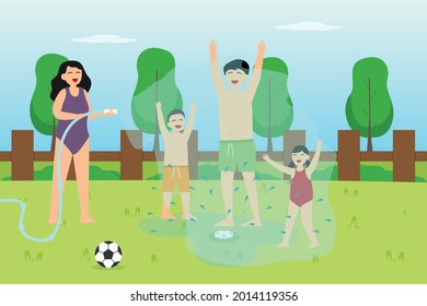 Quality time vector concept: Young family enjoying quality time with water hose in the backyard 