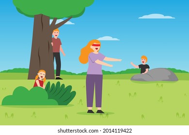 Quality time vector concept: Young parents and their children playing hide and seek in the park while enjoying quality time 