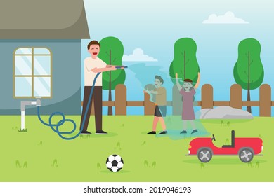 Quality time vector concept: Young father spraying water hoe to his children in the backyard while enjoying quality time 