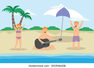Quality time vector concept: Young father and little children sing a song in the beach together while enjoying quality time 