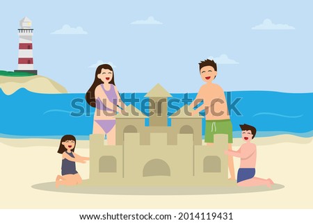 Quality time vector concept: Young parents and cute children build sand castle together while enjoying quality time in the beach