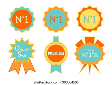 Quality, Top Seller, Guarantee, Winner Cartoon Design Labels Stamps Seals