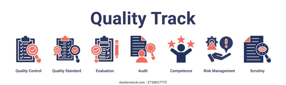 Controle de qualidade banner ícone web vetor ilustração conceito para educação com ícone de Controle de qualidade, Padrão de qualidade, Avaliação, Auditoria, Competência, Gerenciamento de riscos.