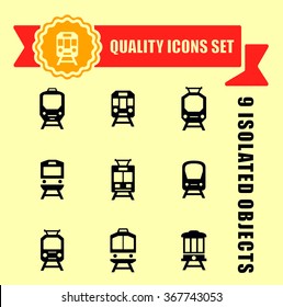 quality trains icon set with red tape