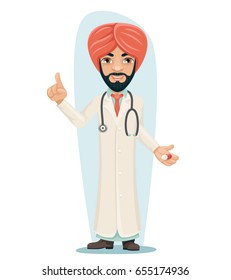 Quality Treatment, Turban Arab Male Experienced Doctor with Pill, Medicine Hand Forefinger up,  Vector Illustration.