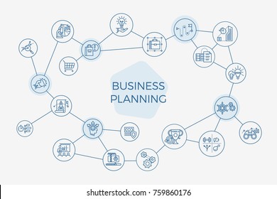 Quality vector bright abstract background, banner or poster template on Business Planning with commerce and finance themed icons and symbols interlinked