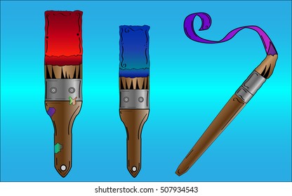 Quality vector brushes for painting a different size and type with red, blue and purple color of paint on a blue background..