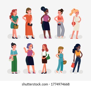 Quality Vector Character Design On Diverse Group Of Young Adult Women. Diverse Group Of Ladies Standing In Lineup. Set Of Multiracial Female Characters In Different Outfits And Appearance