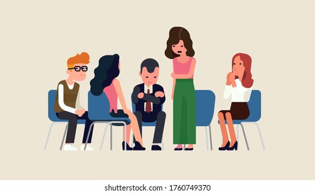 Quality Vector Concept Illustration On Peer Support Group Or Therapy Class With Men And Women Sitting Round Listening To Each Other's Stories And Life Problems