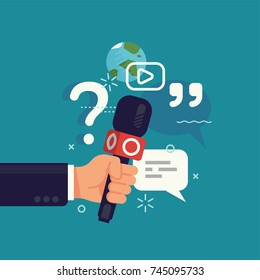 Quality vector concept visual on global news, journalism, live press report or interview with hand holding microphone and abstract media icons and symbols. Press conference minimalistic illustration