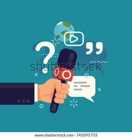 Quality vector concept visual on global news, journalism, live press report or interview with hand holding microphone and abstract media icons and symbols. Press conference minimalistic illustration