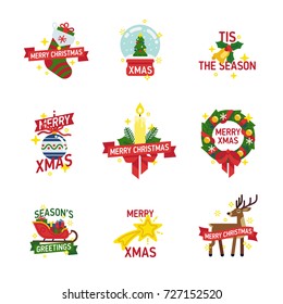 Quality vector flat design Christmas greetings elements on white. Ideal for Xmas cards, banners, posters and other printables. Winter holidays design elements with deer, sleigh, stocking, wreath, etc.