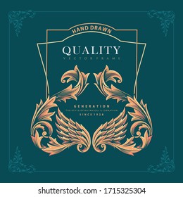 Quality vector frame with gold wing. Botanical premium vector frame with hand drawn.