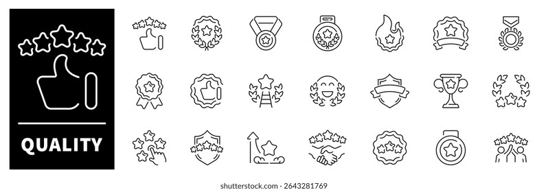 Quality vector icons collection. Thin line icons related to quality and rating. Quality vector icons in line style
