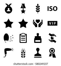 quality vector icons. Set of 16 quality filled icons such as wheat, vip, stamp, hair dryer, Star, award, medal, honeycomb, hands holding heart, clipboard, ISO