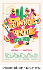 Quality vector poster template on traditional mexican holiday Cinco de Mayo. Colourful vertical banner layout for festival event in celebration of Fifth of May featuring multiple mexican themed items