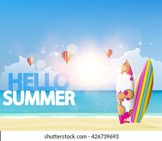 Quality Vector Summer Design. Tropical beach with surfboard