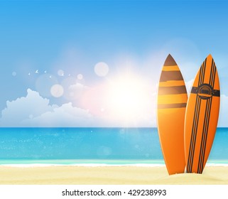 Quality Vector Summer Design. Tropical beach with surfboard

