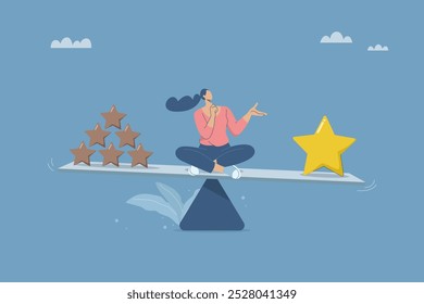 Qualidade vs quantidade, Conceito de excelente trabalho orientado para resultados vs trabalho orientado para alta quantidade, Produto bom e ruim. A jovem senta-se no equilíbrio entre uma estrela de qualidade e uma estrela de baixa qualidade.
