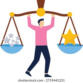 Qualität vs Quantität Konzept Illustration, die Balance für Erfolge, Management, um hervorragende Arbeit Ergebnis Arbeitshaltung zu gewährleisten, um überlegene Ergebnis Konzept Illustration mit flachen Stil liefern

