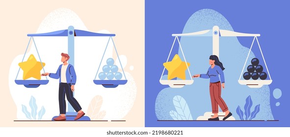 Quality vs quantity concept. Man and woman entrepreneurs stand next to scales with large golden star and many small balls. Unique idea versus other standard solutions. Cartoon flat vector collection