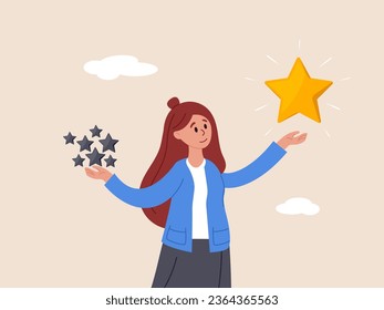 Quality vs quantity concept. Management to assure excellent work outcome, working attitude to deliver superior result, businesswoman holding precious high quality stars versus other ordinary stars.