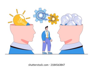 Quality vs quantity, fantastic work outcome assurance, working attitude to produce superior result concept. Businessman mindset with precious lightbulb versus other ordinary lightbulb inside his head.