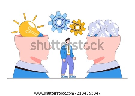 Quality vs quantity, fantastic work outcome assurance, working attitude to produce superior result concept. Businessman mindset with precious lightbulb versus other ordinary lightbulb inside his head.