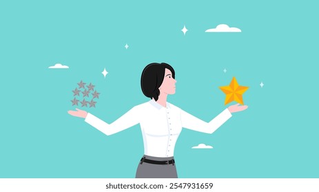 quality vs quantity illustration, management to assure excellent work outcome working attitude to deliver superior result, businesswoman carries one good gold star and several bad silver gold stars