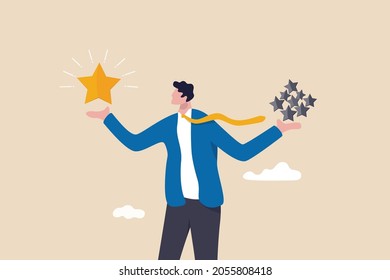 Quality vs quantity, management to assure excellent work outcome, working attitude to deliver superior result concept, smart businessman holding precious high quality stars versus other ordinary stars