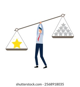 Quality vs quantity, management to assure excellent work outcome, working attitude to deliver superior result concept, smart businessman holding precious high quality stars versus other ordinary stars