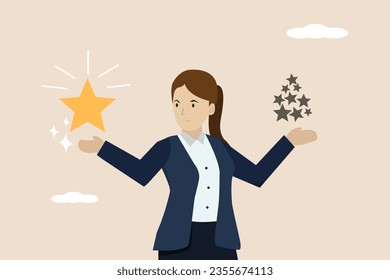 Quality vs quantity, management to guarantee good result, provide superior result concept, businesswoman holds high quality star valuable than other ordinary stars. Successful businessman illustration