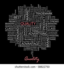 QUALITY. Word collage on black background. Illustration with different association terms.