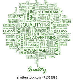 QUALITY. Word collage on white background. Vector illustration. Illustration with different association terms.