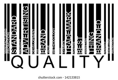 Quality word tag cloud concept in barcode with supporting words,  modern. Word tag cloud bar code vector