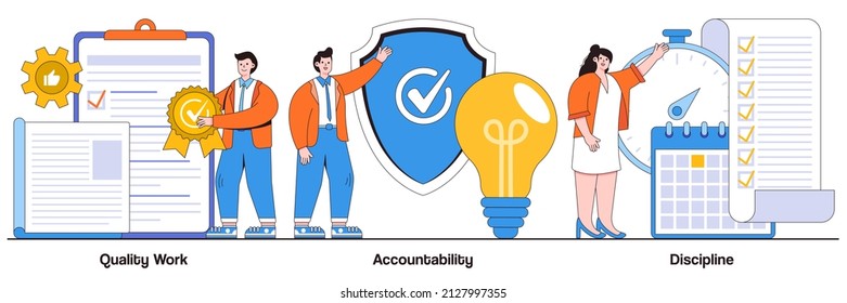 Quality work, accountability, discipline concept with people characters. Task and project management abstract vector illustration pack. Leadership, career goals, and perspectives metaphor.