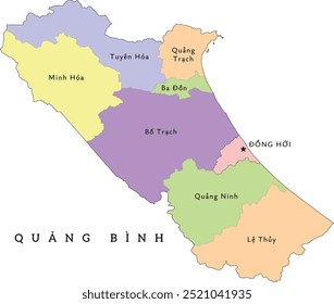 Quang Binh (Quang Bình) mapa das divisões administrativas da província do Vietnã. Colorido. Vetorizado. Cores brilhantes