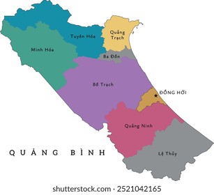 Quang Binh (Quang Bình) mapa das divisões administrativas da província do Vietnã. Colorido. Vetorizado. Cores do creme