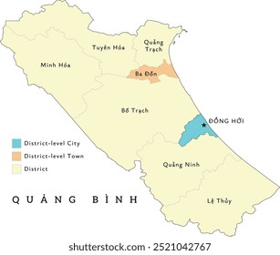 Quang Binh (Quang Bình) mapa das divisões administrativas da província do Vietnã. Colorido. Vetorizado. Cores brilhantes