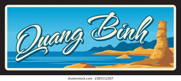 Quang Binh province in Vietnam, Vietnamese region landscape. Vector travel plate, vintage tin sign, retro vacation postcard or journey signboard. Plaque or magnet with beach and sea