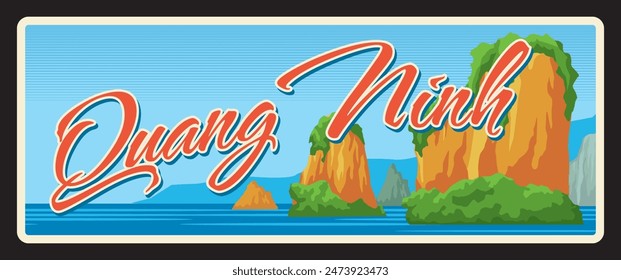 Quang Ninh Provinz und Territorium in Vietnam, vietnamesische Landschaft. Vektorgrafik-Reiseteller, Vintage-Blechschild, Retro-Urlaubspostkarte oder Wegeschild. Alte Plakette mit Bai Tu Long Bay Landschaft