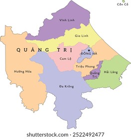 Mapa de divisiones administrativas de la provincia de Quang Tri (Quǫng Trǫng) de Vietnam. De color. Vectorizado. Colores brillantes