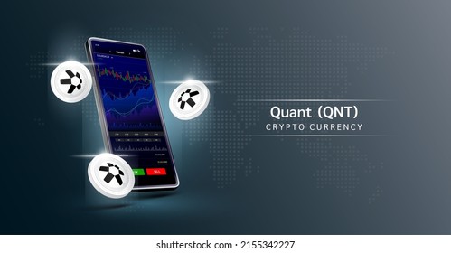 Quant and Phone. App for trading crypto currency on the touch screen smartphone. Data analytics stock market. Trends and financial strategy. Mobile banking cryptocurrency. Vector 3d. 