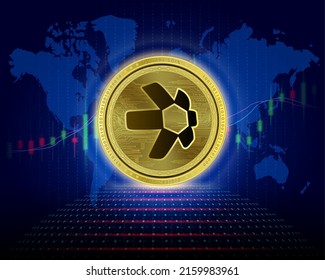 Quant (QNT) coin. Cryptocurrency blockchain (crypto currency) Future digital replacement technology. Silver golden virtual currency growth share chart is background. 3D Vector illustration. 