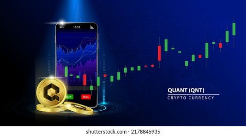 Moneda de oro de la moneda de Quant (QNT) Pago en línea. Mano sosteniendo el banco de la aplicación de pago de dinero del smartphone. Concepto seguro de financiación bancaria móvil Fondo azul Cryptocurrency blockchain. ilustración vectorial 3D.